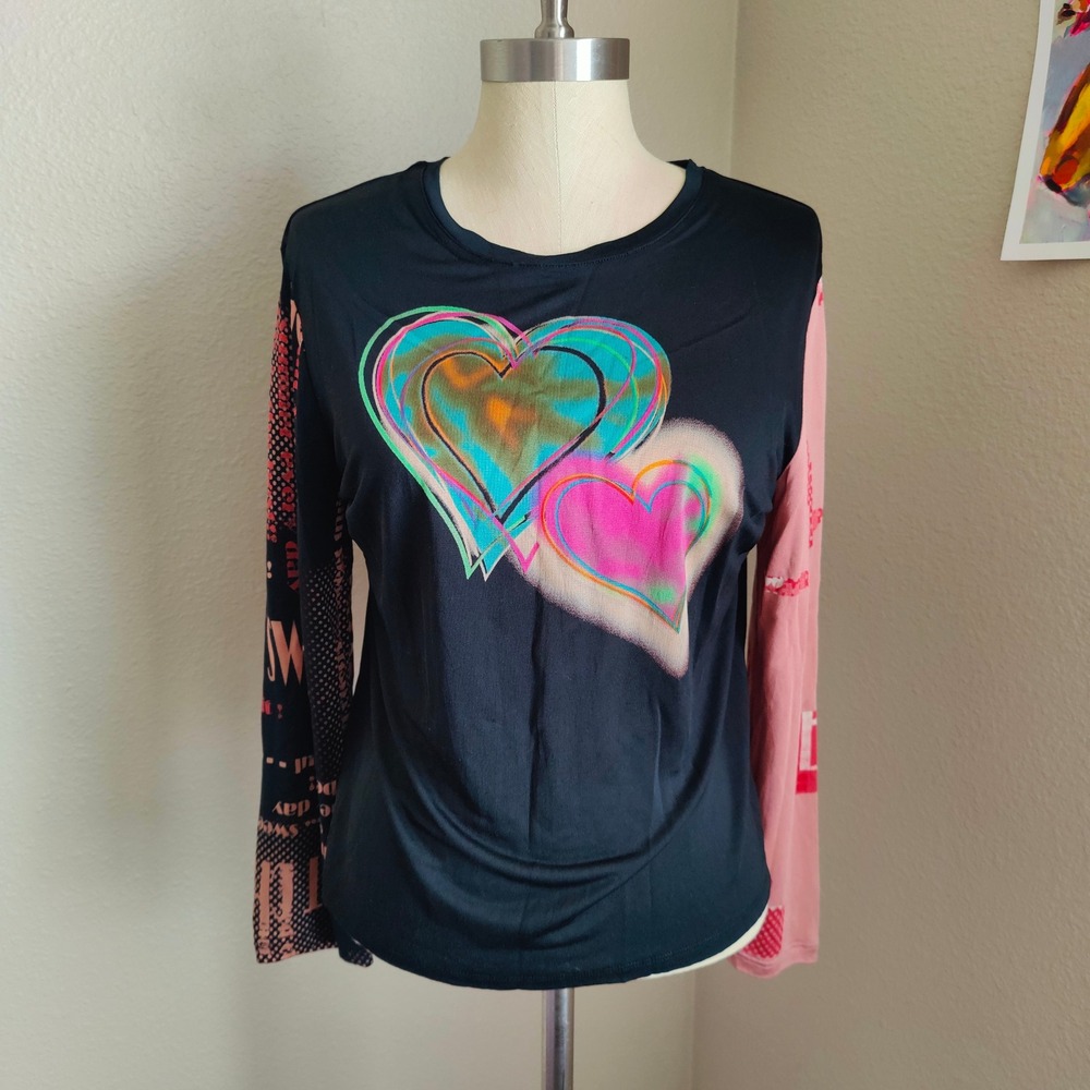 Vintage Y2K 100% Silk Mesh Top Heart Novelty Print 3/4 Eclectic Indie Sorbe Sz L